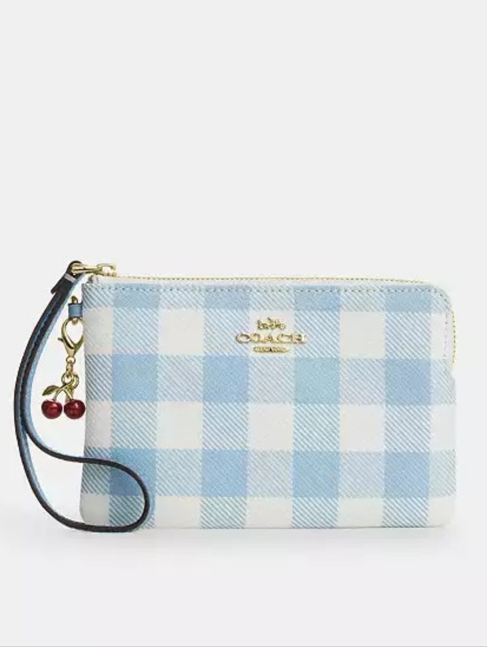 *NWT* COACH Corner Zip Wristlet With Blue Gingham Print And Cherry Charm